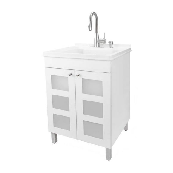 Laundry Sink with White Cabinet Stainless Pull-down Faucet