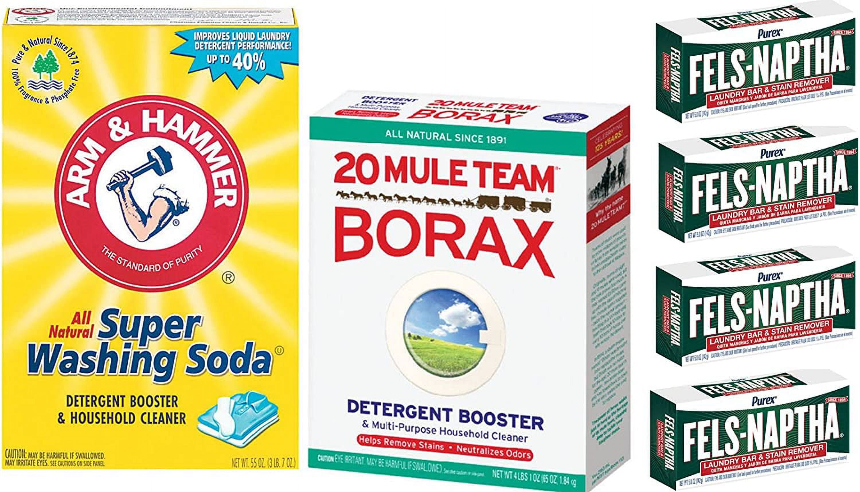 Laundry Soap Kit - Fels Naptha 4 bars, 20 Mule Team Borax Natural Laundry Booster, & Arm & Hammer Super Washing Soda