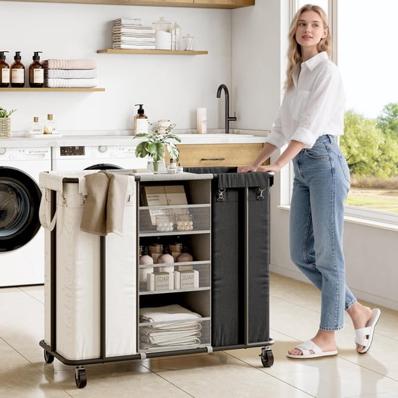 Laundry Sorter 2 Section 200L Rolling Laundry Hamper with Hanging and Removable Bags Laundry Cart with Steel Frame and Storage Unit Large Basket Organizer for Dorm, Bathroom (Beige and Black)