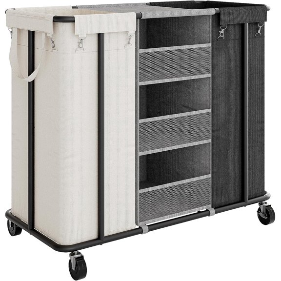 Laundry Sorter 2 Section 200L Rolling Laundry Hamper with Hanging and Removable Bags Laundry Cart with Steel Frame and Storage Unit Large Basket Organizer for Dorm, Bathroom (Beige and Black)