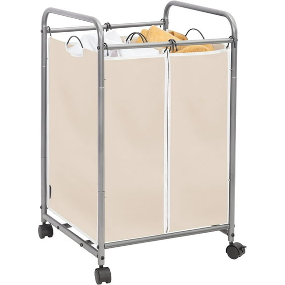 Laundry Sorter 2 Section, 90 L Gal Laundry Hamper with Wheels, Clothes Basket Separator Sorter, 2 Bag Clothes Cart with Wheels and Removable Bags for Closet, Dorm, Collage, Beige
