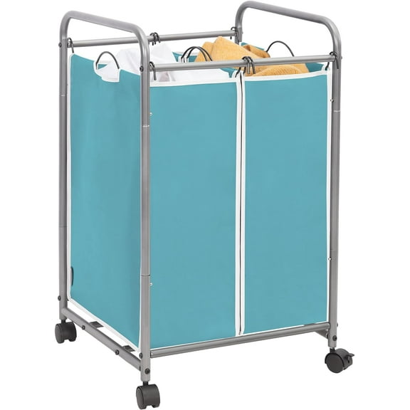 Laundry Sorter 2 Section, 90 L Gal Laundry Hamper with Wheels, Clothes Basket Separator Sorter, 2 Bag Clothes Cart with Wheels and Removable Bags for Closet, Dorm, Collage, Blue