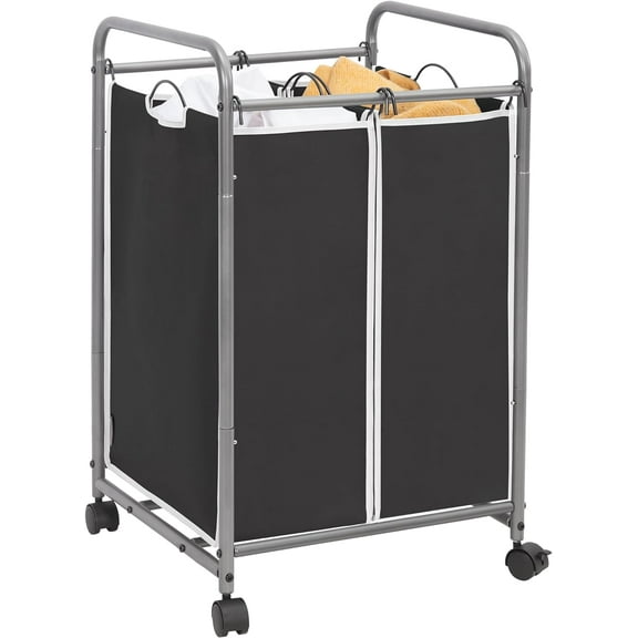 Laundry Sorter 2 Section, 90 L Gal Laundry Hamper with Wheels, Clothes Basket Separator Sorter, 2 Bag Clothes Cart with Wheels and Removable Bags for Closet, Dorm, Collage, Black