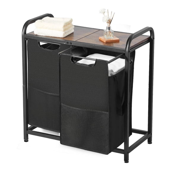 Laundry Sorter 2 Section, Large Hamper with Tabletop - Freestanding Organizer Baskets for Dirty Clothes, Bathroom, Black