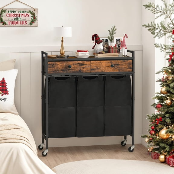 Laundry Sorter 3 Section, 130L Laundry Hamper with 2 Drawers, Rolling Laundry Basket, Pull-Out and Removable Laundry Bags for Laundry Room Organization, Rustic Brown and Black