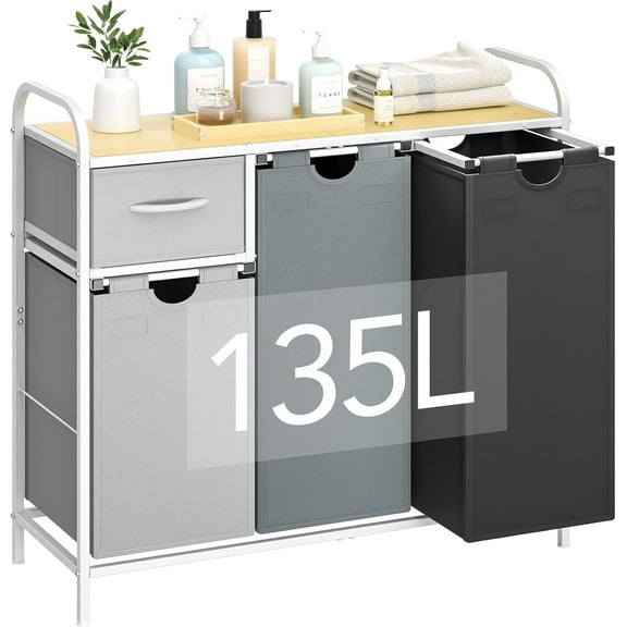 Laundry Sorter 3 Section, Laundry Hamper with Shelf and 1 Drawer, 35.7Gal(135L) Clothes Basket Organizer, Pull-Out and Removable Oxford Fabric Laundry Bags for Laundry Room, Bedroom, Bathroom