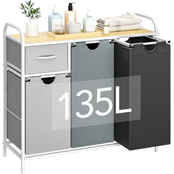 Laundry Sorter 3 Section, Laundry Hamper with Shelf and 1 Drawer, 35.7Gal(135L) Clothes Basket Organizer, Pull-Out and Removable Oxford Fabric Laundry Bags for Laundry Room, Bedroom, Bathroom