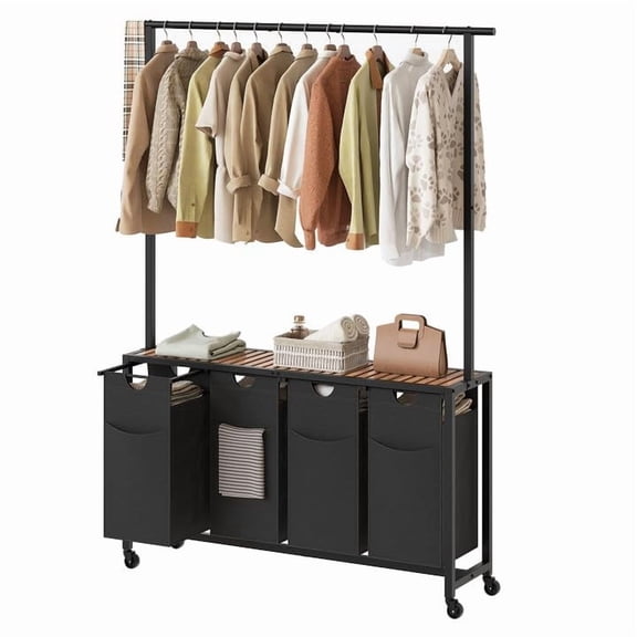 Laundry Sorter 3 Section, Rolling Laundry Hamper with Hanging Rack, Laundry Sorter with Wheels, Hampers for Laundry, Laundry Basket Organizer for Laundry Room, Rustic Brown LS37BR