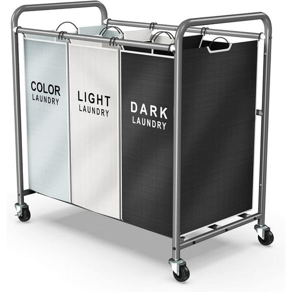 Laundry Sorter 3 Section, Separated Laundry Basket with Wheels, Rolling Laundry Hamper Cart with Large Capacity and Removable Bags, Divided Clothes Hamper for Family Laundry, Multicolored