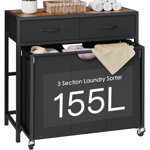 Laundry Sorter 3 Section with Tabletop & 2 Drawers, Rolling Laundry Hamper with Pull-Out and Removable Bags, Laundry Basket Organizer with Wheels and Shelf, Metal Frame Rustic Brown for Laundry Room