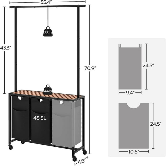 Laundry Sorter 3 Section with Hanging , Rolling Laundry Basket Organizer Rustic Brown