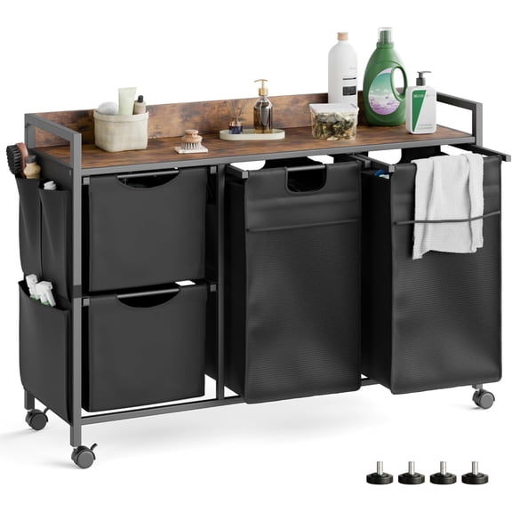 Laundry Sorter with 4 Section, 150L Laundry Hamper with Wheels, Laundry Basket with Small Side Pockets and Pull-Out Removable Liners,for Laundry Room Bedroom Bathroom