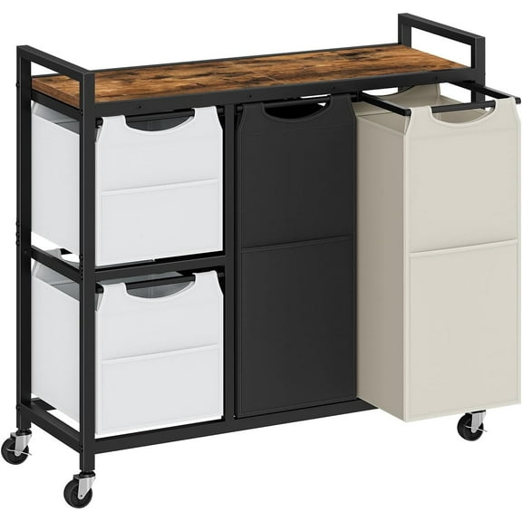 Laundry Sorter with 4 Section, 39 Gal. (147 L) Laundry Hamper with Wheels, Rolling Laundry Basket with Shelf, Pull-Out Detachable Bags, Side Pockets, Rustic Brown, Black and Beige