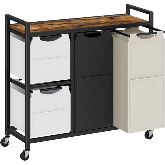 Laundry Sorter with 4 Section, 39 Gal. (147 L) Laundry Hamper with Wheels, Rolling Laundry Basket with Shelf, Pull-Out Detachable Bags, Side Pockets, Rustic Brown, Black and Beige