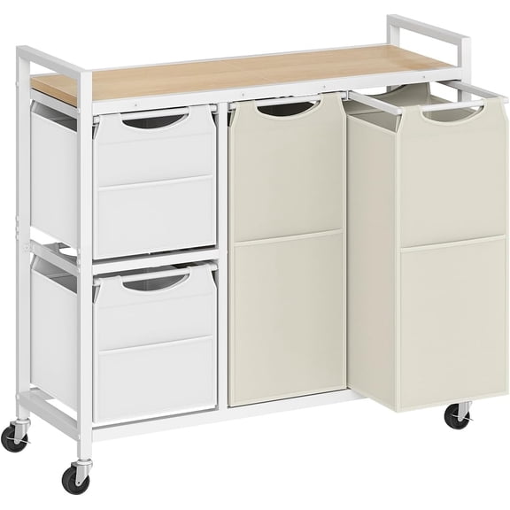 Laundry Sorter with 4 Section, 39 Gal. (147 L) Laundry Hamper with Wheels, Rolling Laundry Basket with Shelves, Pull-Out Detachable Bags, Side Pockets, White, Natural and Beige WNE14XY01N1