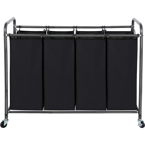 Laundry Sorter 4 Section, 4 Bag Clothes Hamper, Rolling Laundry Cart Basket with Heavy Duty Lockable Wheels and Removable Bag for Laundry Room, Bedroom, Closet, Black