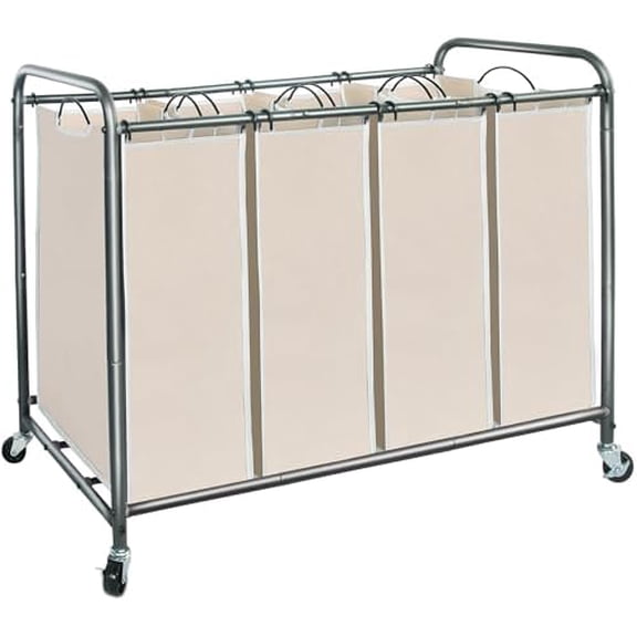 Laundry Sorter 4 Section, 47.8 Gal (181 L) Laundry Hamper with Wheels, Clothes Divider Basket Sorter, Clothes Separator Hamper Cart with Wheels and Removable Bags, Beige
