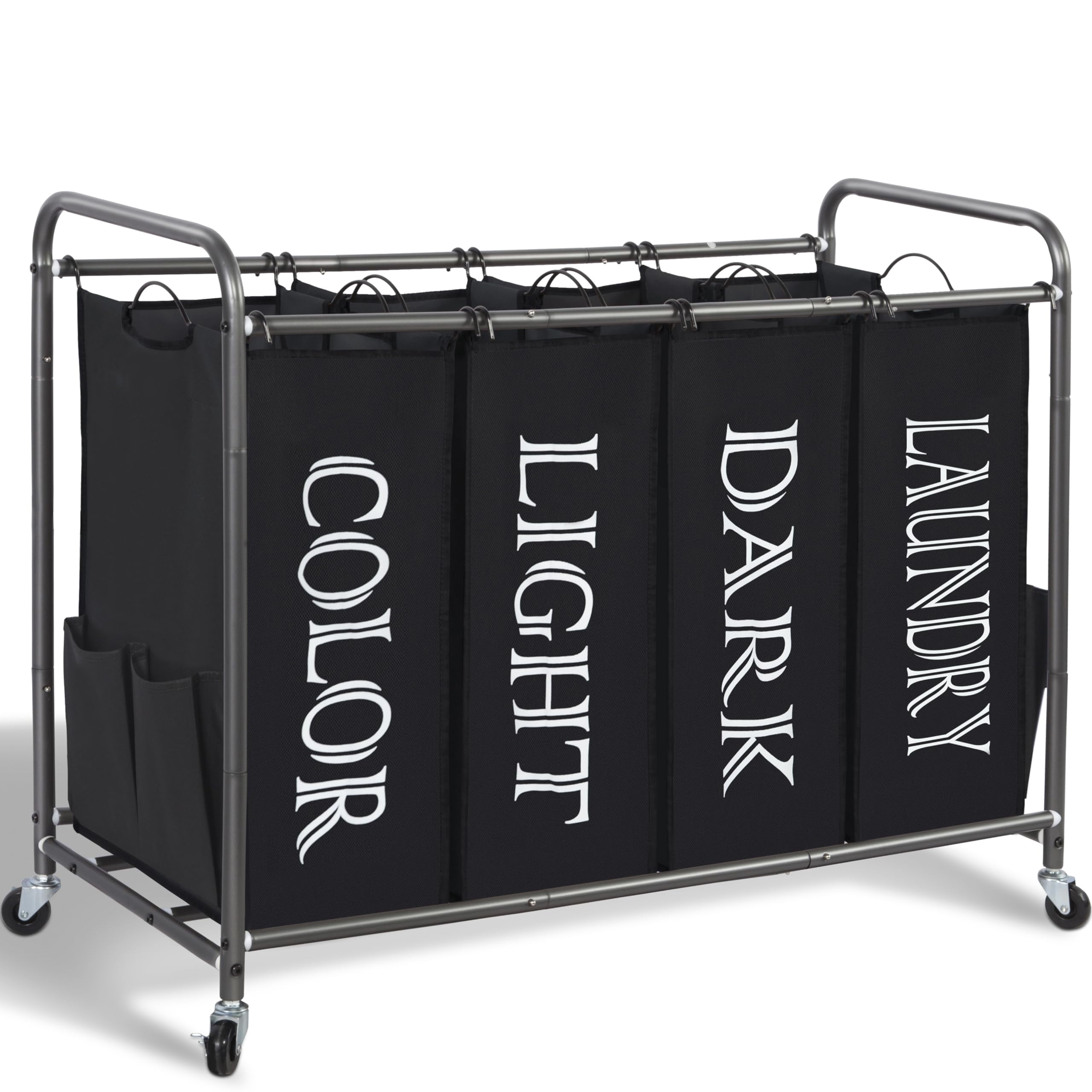 Laundry Sorter 4 Section, 47.8 Gal (181 L) Laundry Hamper with Wheels, Clothes Divider Basket Sorter, Clothes Separator Hamper Cart with Wheels and Removable Bags, Black