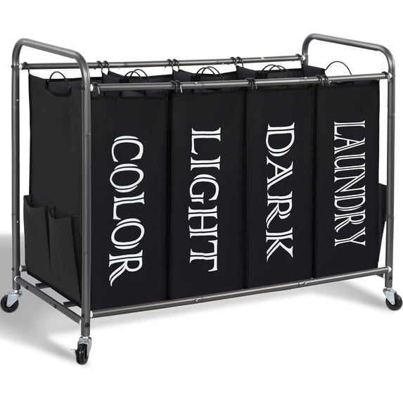 Laundry Sorter 4 Section, 47.8 Gal (181 L) Laundry Hamper with Wheels, Clothes Divider Basket Sorter, Clothes Separator Hamper Cart with Wheels and Removable Bags, Label Black