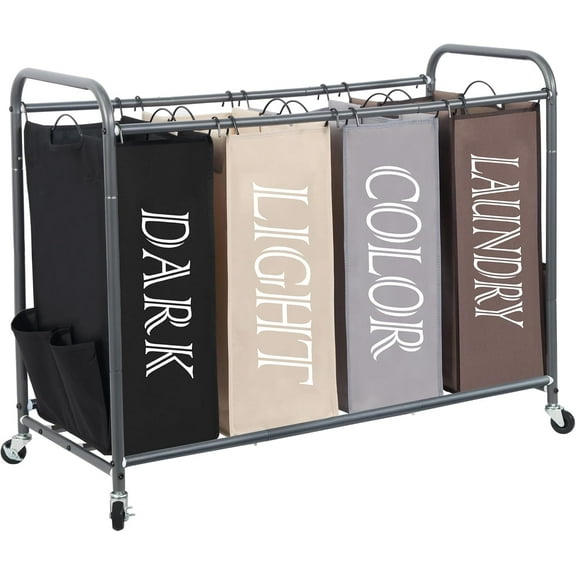 Laundry Sorter 4 Section, 47.8 Gal (181 L) Laundry Hamper with Wheels, Clothes Divider Basket Sorter, Clothes Separator Hamper Cart with Wheels and Removable Bags, Multicolored