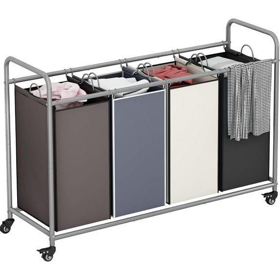 Laundry Sorter 4 Section Hamper Sorter with Heavy Duty Lockable Rolling Wheels Removable Bags Basket Separator for Dirty Clothes Storage, Assorted