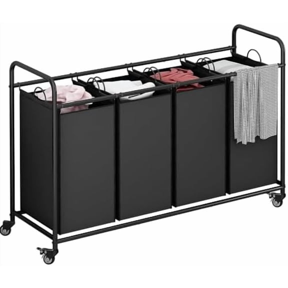 Laundry Sorter 4 Section Hamper Sorter with Heavy Duty Lockable Rolling Wheels Removable Bags Basket Separator for Dirty Clothes Storage,Black