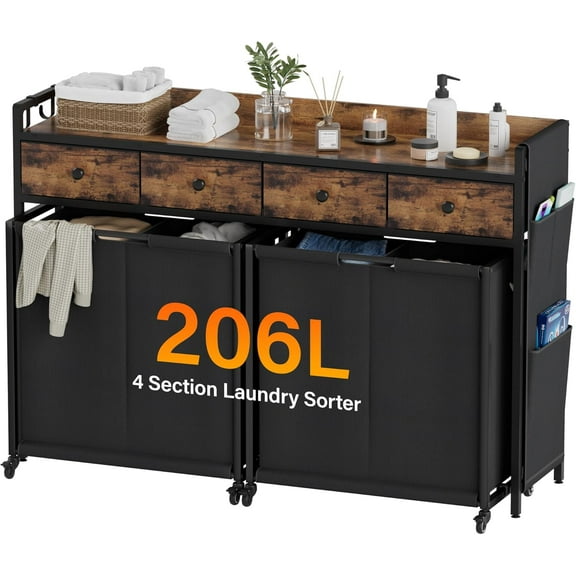 Laundry Sorter 4 Section: Laundry Hamper Basket with Shelf and Wheels - Rolling Laundry Basket Organizer with Drawers and Pull-Out Cart - Clothes Hamper for Laundry Room Bathroom Bedroom