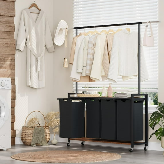 Laundry Sorter 4 Section,Rolling Laundry Sorter Hamper with Hanging Rack & Shelf, Laundry Basket Organizer with Lockable Wheels,Folding Station for Laundry Room, Bedroom, Bathroom
