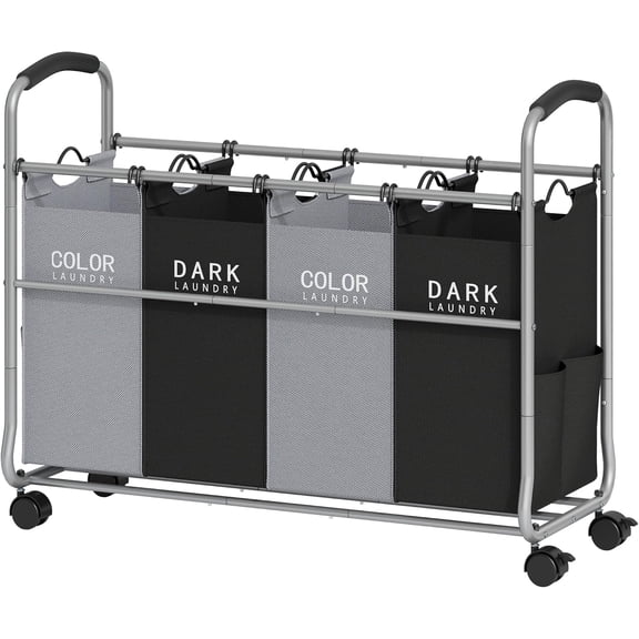 Laundry Sorter 4 Sections, Laundry Separator Hamper with Heavy Duty Lockable Rolling Wheels, Laundry Divider with Removable Bags for Dirty Clothes Storage, Black & Grey