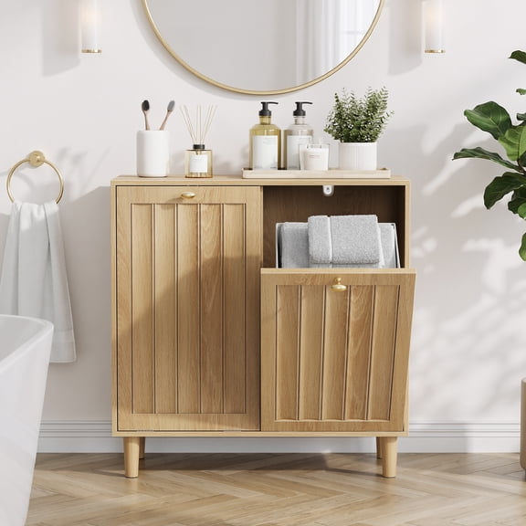 Laundry Sorter Cabinet with 2 Removable Bins, Tilt-Out Design with Portable Fabric Hamper, Sturdy MDF Construction with Anti-Tipping Kit, Easy Assembly for Laundry Room, Bathroom or Balcony