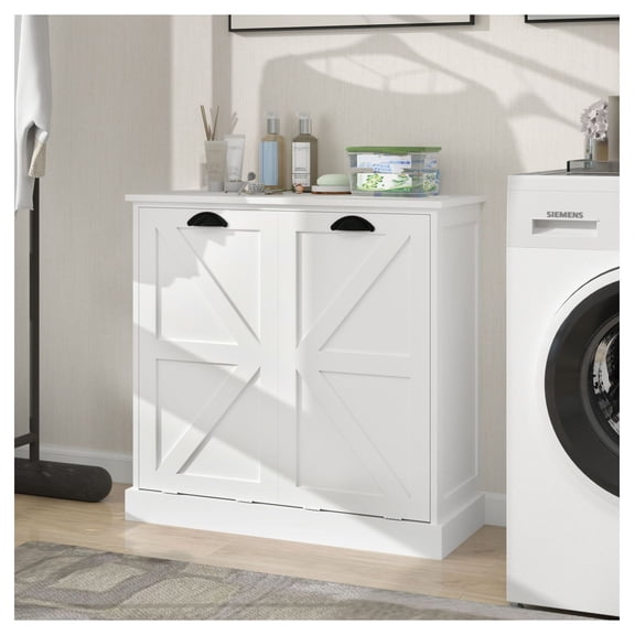 Laundry Sorter Cabinet, White - 2 Compartment Tilt-Out Hamper with Removable Bags, Freestanding Linen Tower for Bathroom, Bedroom, Closet Organization