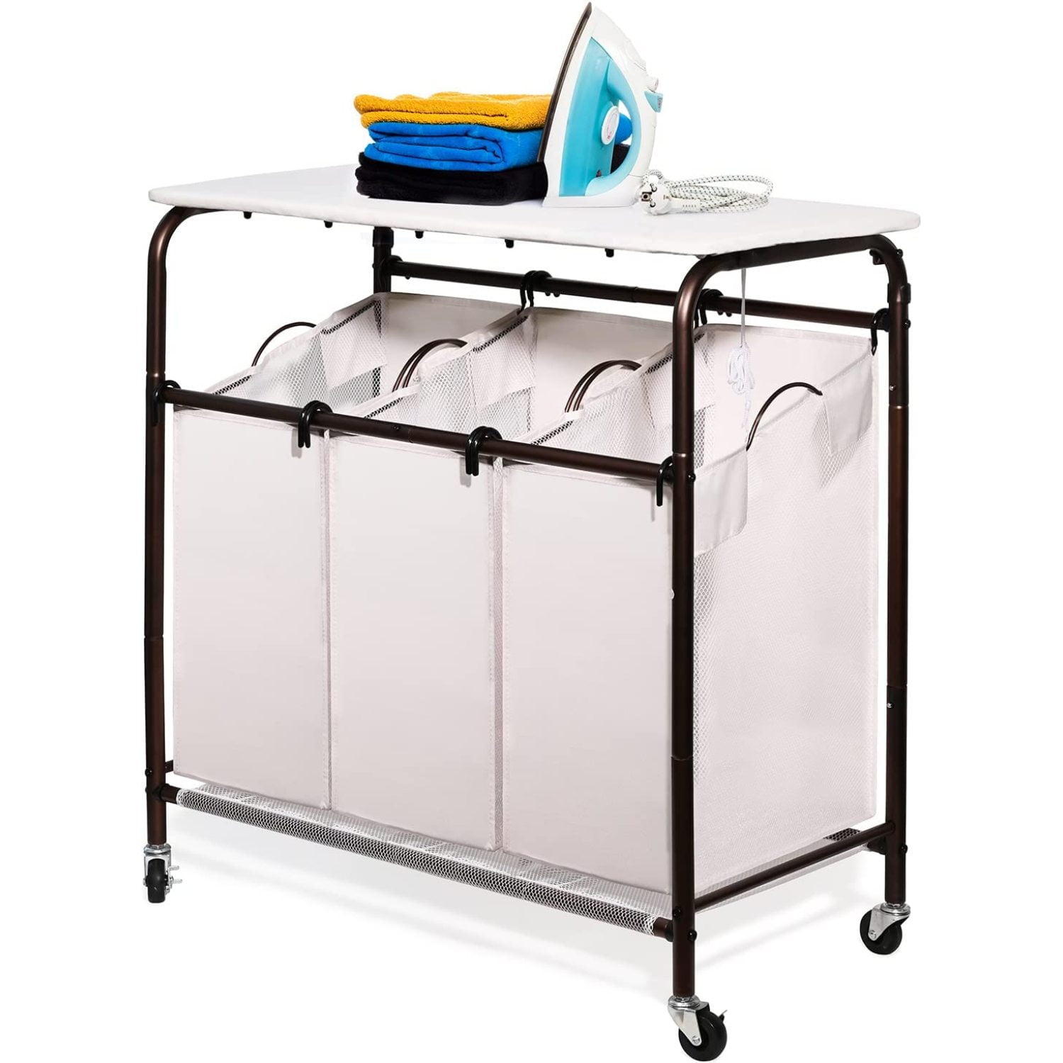 Laundry Sorter Cart 3 Bags Classics Rolling Laundry Hamper with with Wheels and Ironing Board