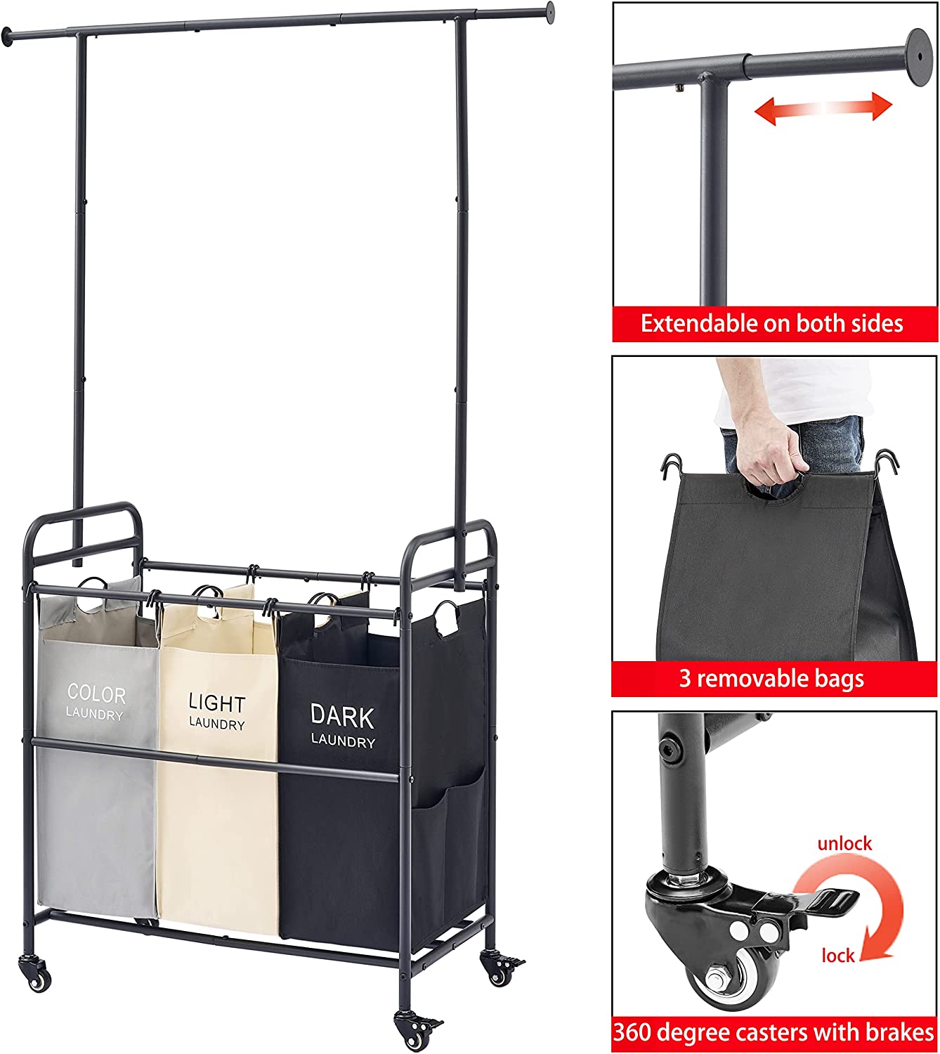 Laundry Sorter Cart with Hanging Clothes Rack, 3 Butler Sorter Basket