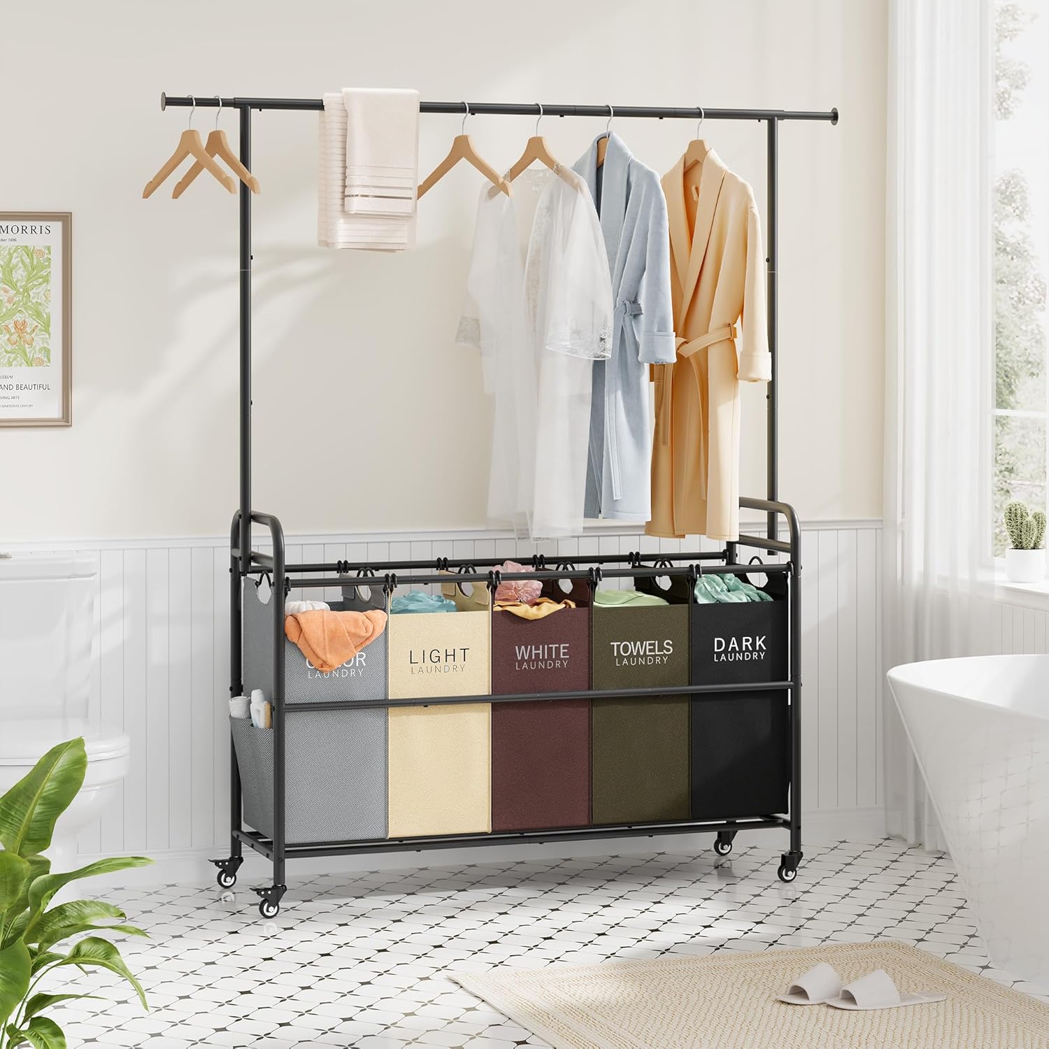 Laundry Sorter Cart with Hanging Rack, 5 Section Hamper 246L with ...