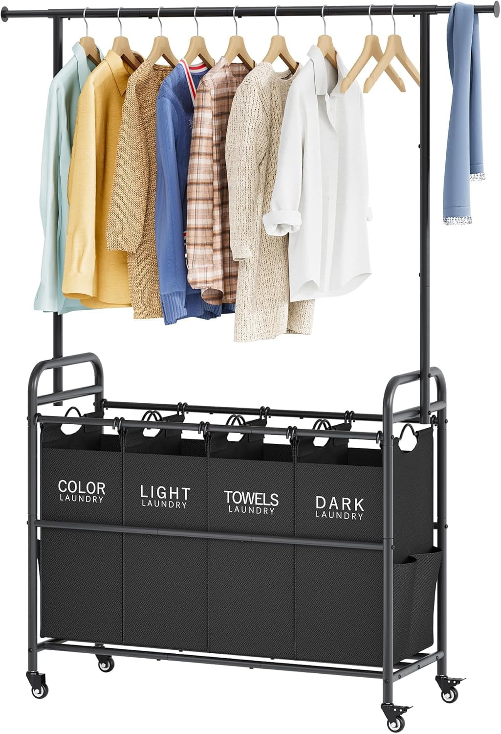Laundry Sorter Cart with Hanging Clothes Rack, 4 Butler Sorter Basket Organizer, Laundry Hamper Cart with Heavy Duty Rolling Lockable Wheels