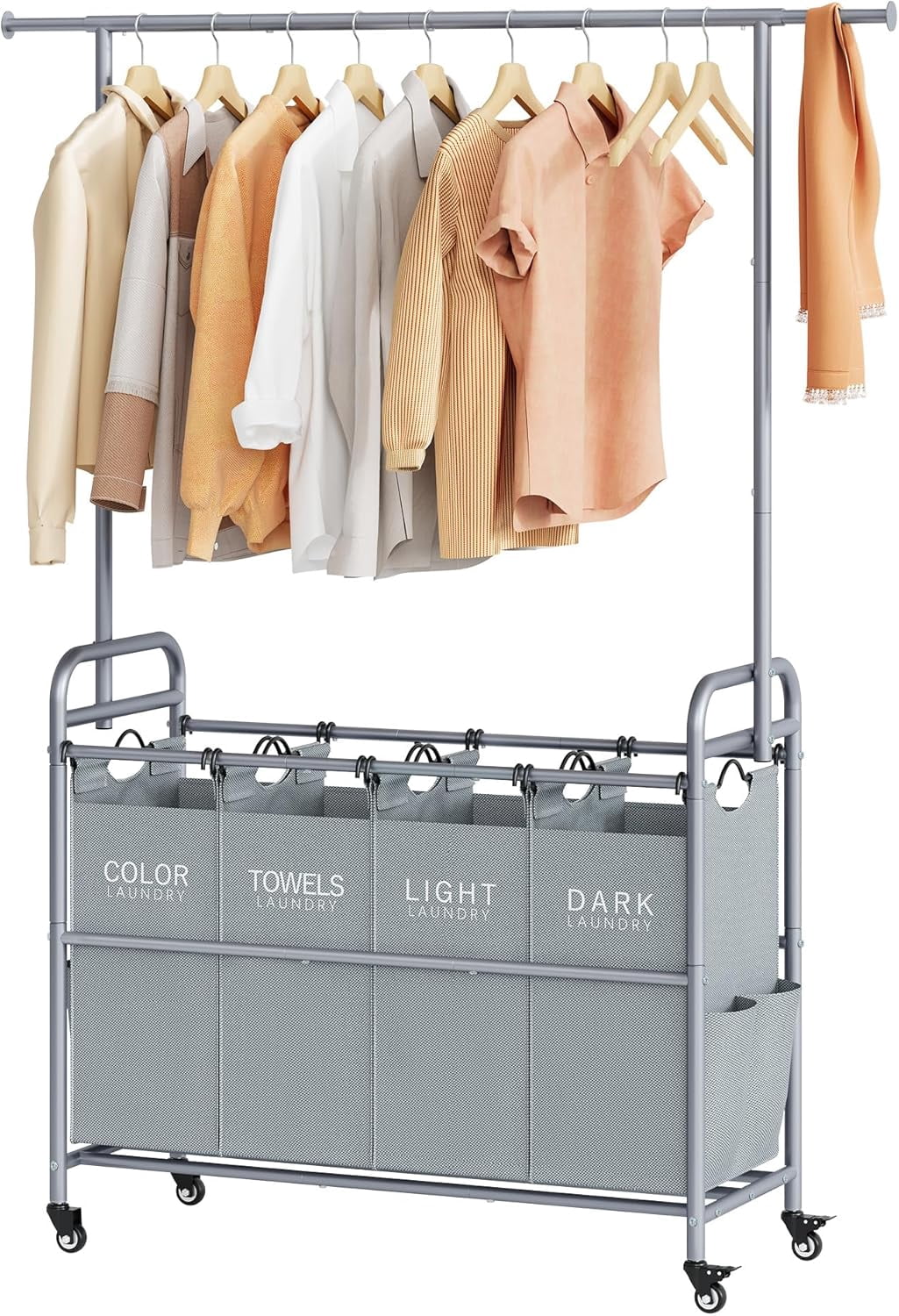 Laundry Sorter Cart with Hanging Clothes Rack, 4 Butler Sorter Basket Organizer, Laundry Hamper Cart with Heavy Duty Rolling Lockable Wheels