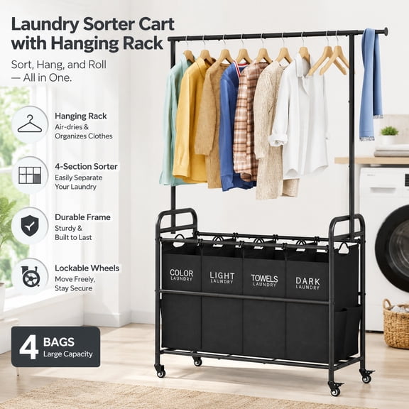 Laundry Sorter Cart with Hanging Clothes Rack, 4-Compartment Basket Organizer, Heavy Duty Rolling Lockable Wheels Laundry Hamper Cart, Black