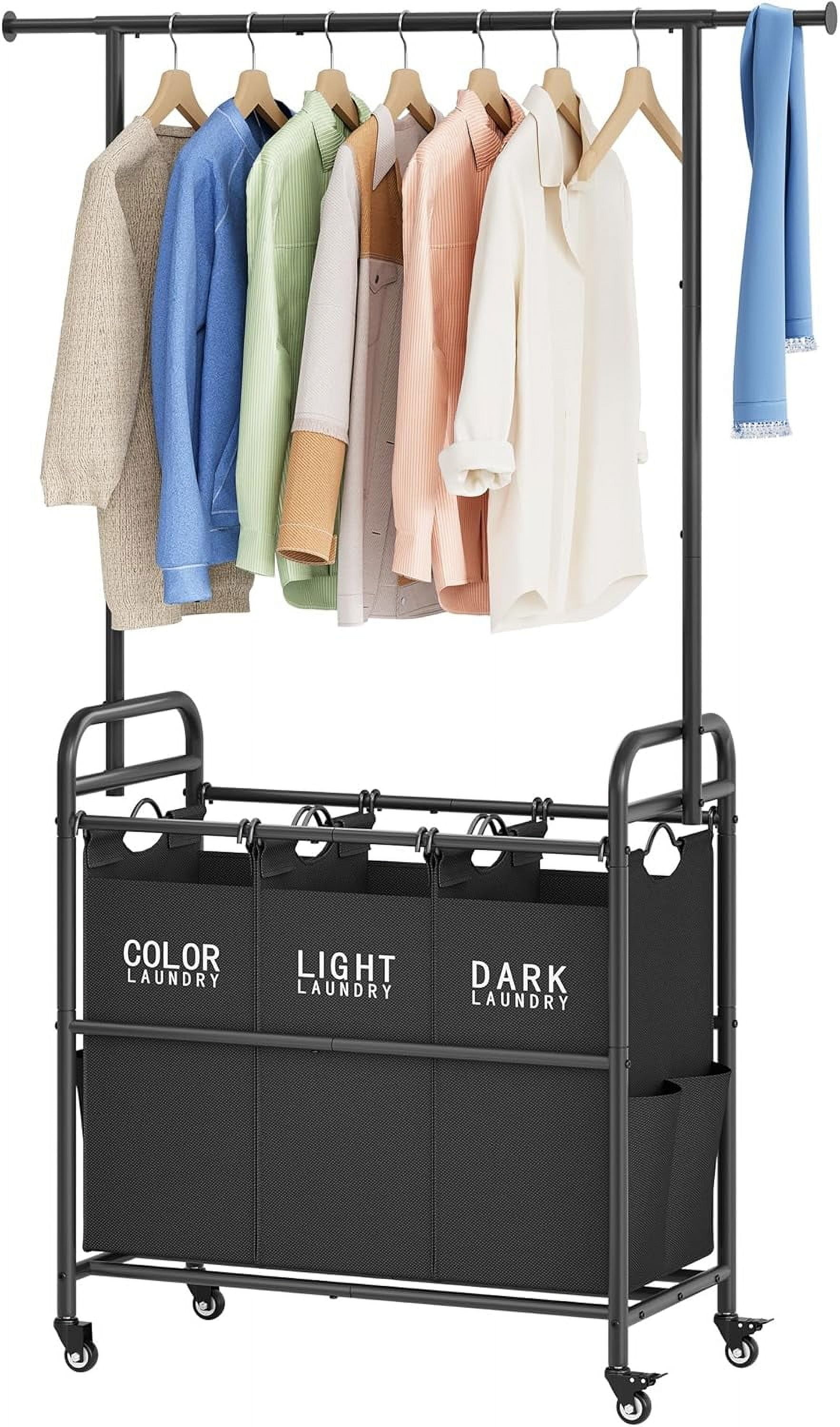 Laundry Sorter Cart with Hanging Clothes Rack, Butler Sorter Basket Organizer, Laundry Hamper Cart with Heavy Duty Rolling Lockable Wheels