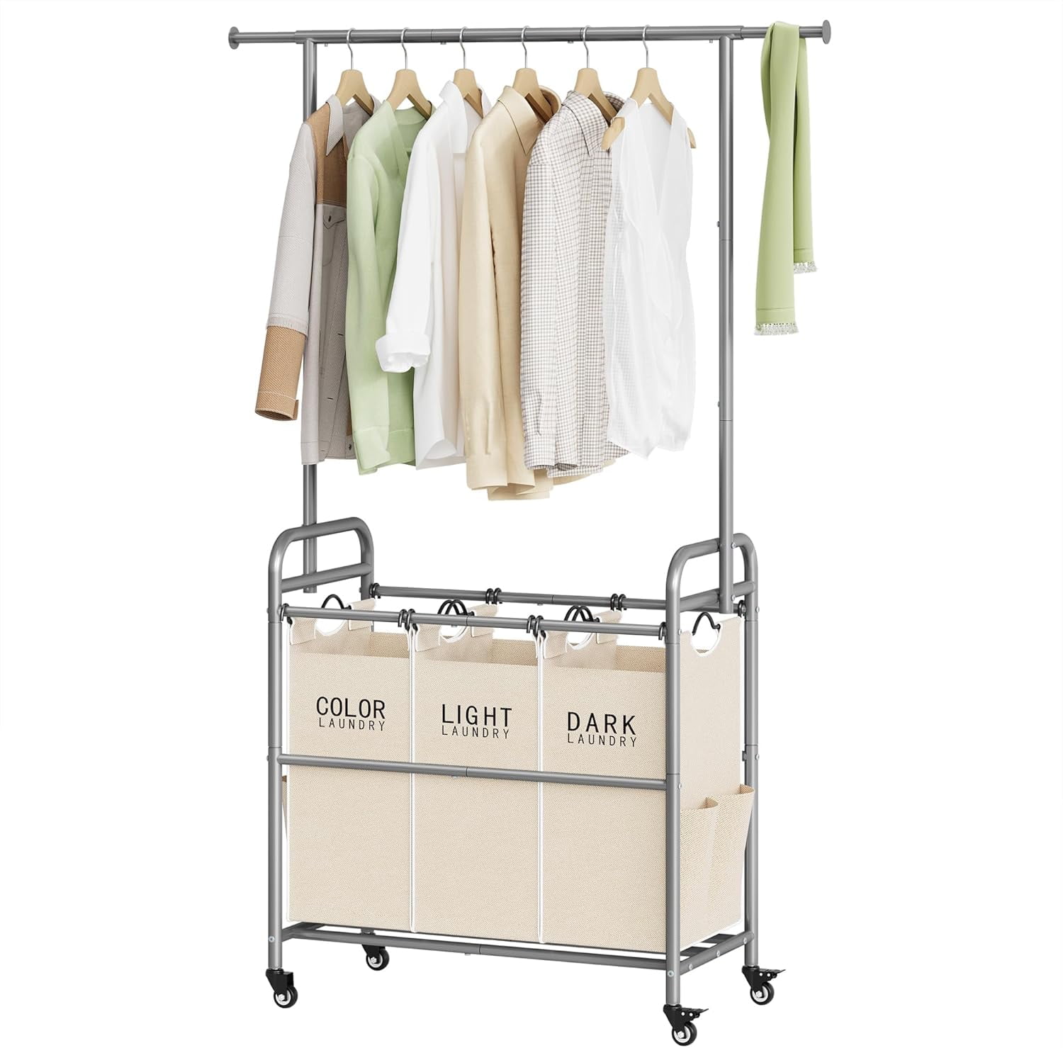 Laundry Sorter Cart with Hanging Clothes Rack, Butler Sorter Basket Organizer, Laundry Hamper Cart with Heavy Duty Rolling Lockable Wheels