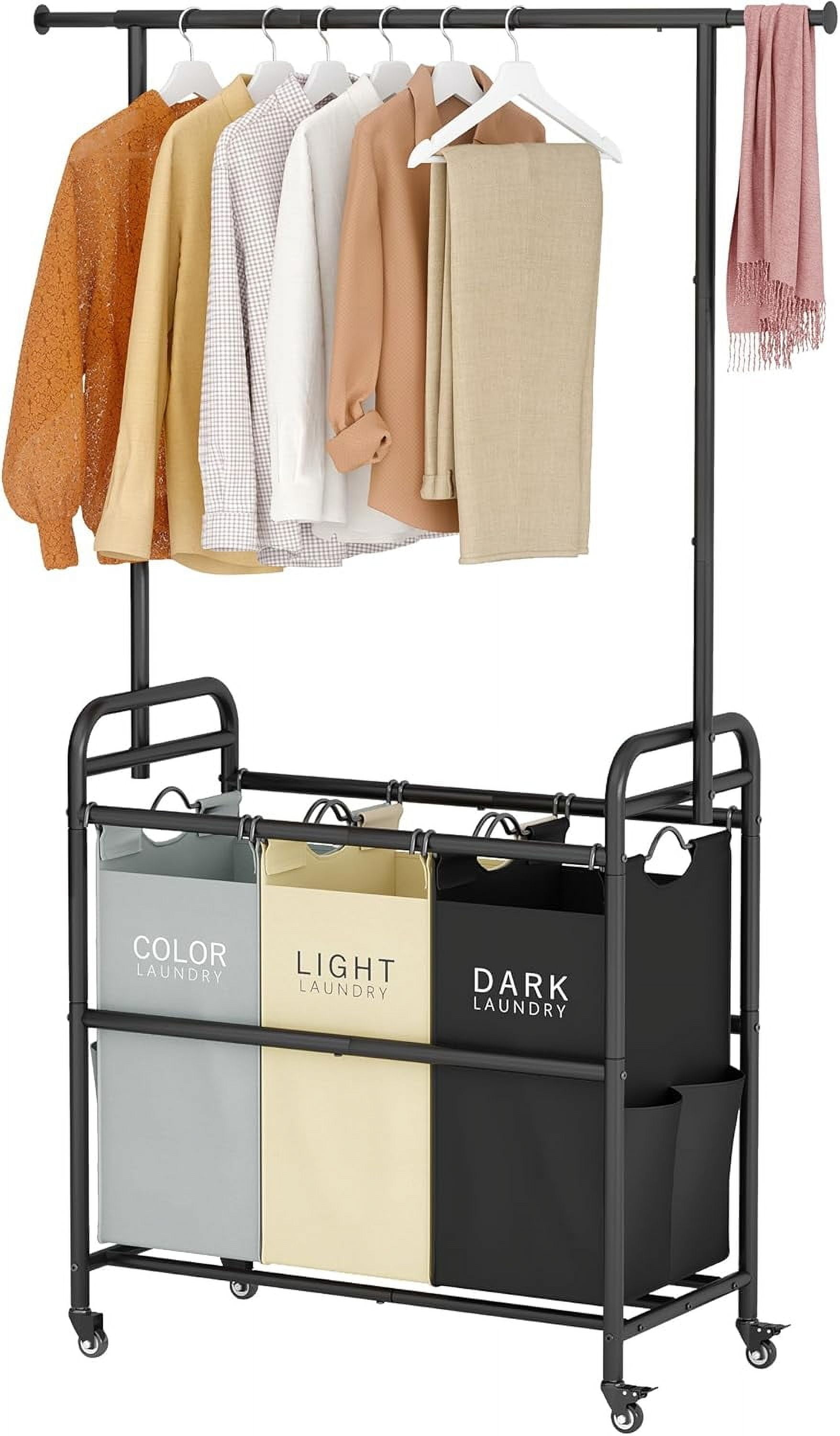 Laundry Sorter Cart with Hanging Clothes Rack, Butler Sorter Basket Organizer, Laundry Hamper Cart with Heavy Duty Rolling Lockable Wheels
