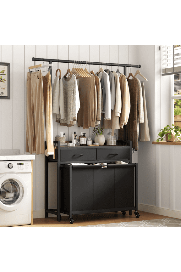 Laundry Sorter Hamper with Hanging Cloth Rack, Laundry Basket with 3 Section Pull-Out Rolling Bags, Laundry Sorter for Organization and Storage with 2 Drawers for Laundry Room (Vinatge Brown)