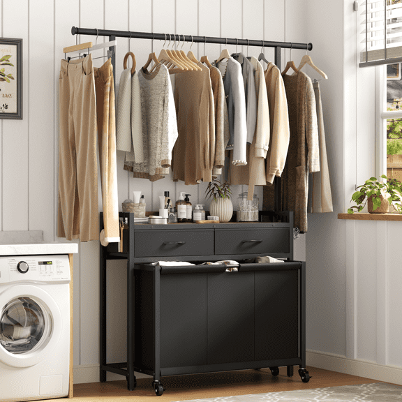 Laundry Sorter Hamper with Hanging Cloth Rack, Laundry Basket with 3 Section Pull-Out Rolling Bags, Laundry Sorter for Organization and Storage with 2 Drawers for Laundry Room (Vinatge Brown)