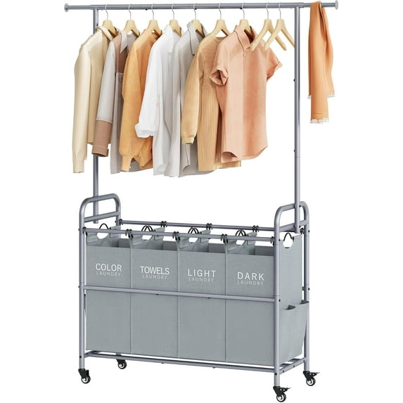 Tajsoon Laundry Sorter with Hanging Bar, 4 Section Rolling Laundry Hamper Sorter with Heavy Duty Lockable Wheels, Laundry Sorter Cart for Laundry & Bedroom, Gray