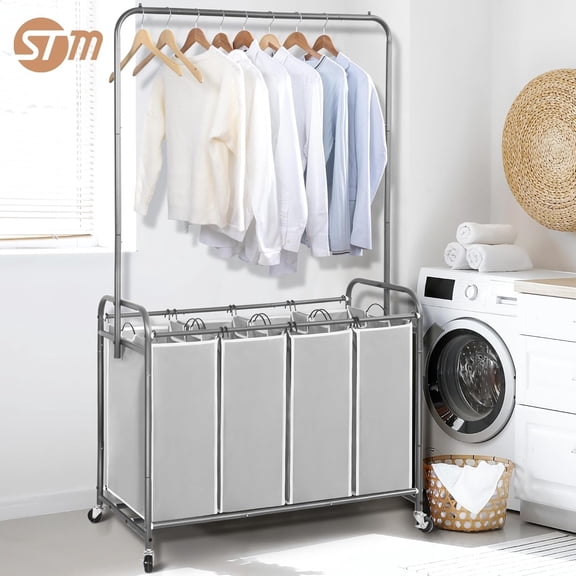 Laundry Sorter with Hanging Bar, Portable, Removable Laundry Hamper Cart with Heavy Duty Rolling Lockable Wheels and Removable Bags, Rolling Laundry Basket Organizer 181L, 4 Section