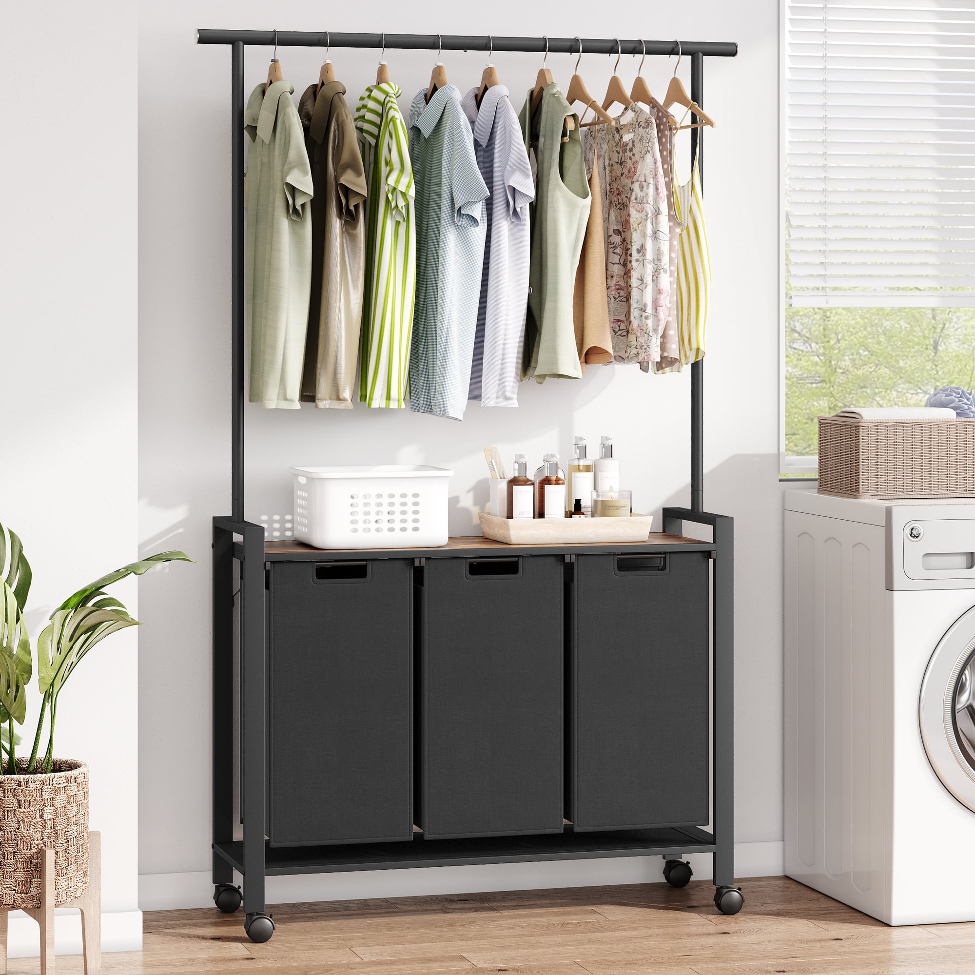 Laundry Sorter with Hanging Bar,Rolling Laundry Hamper 2/3 Section with ...