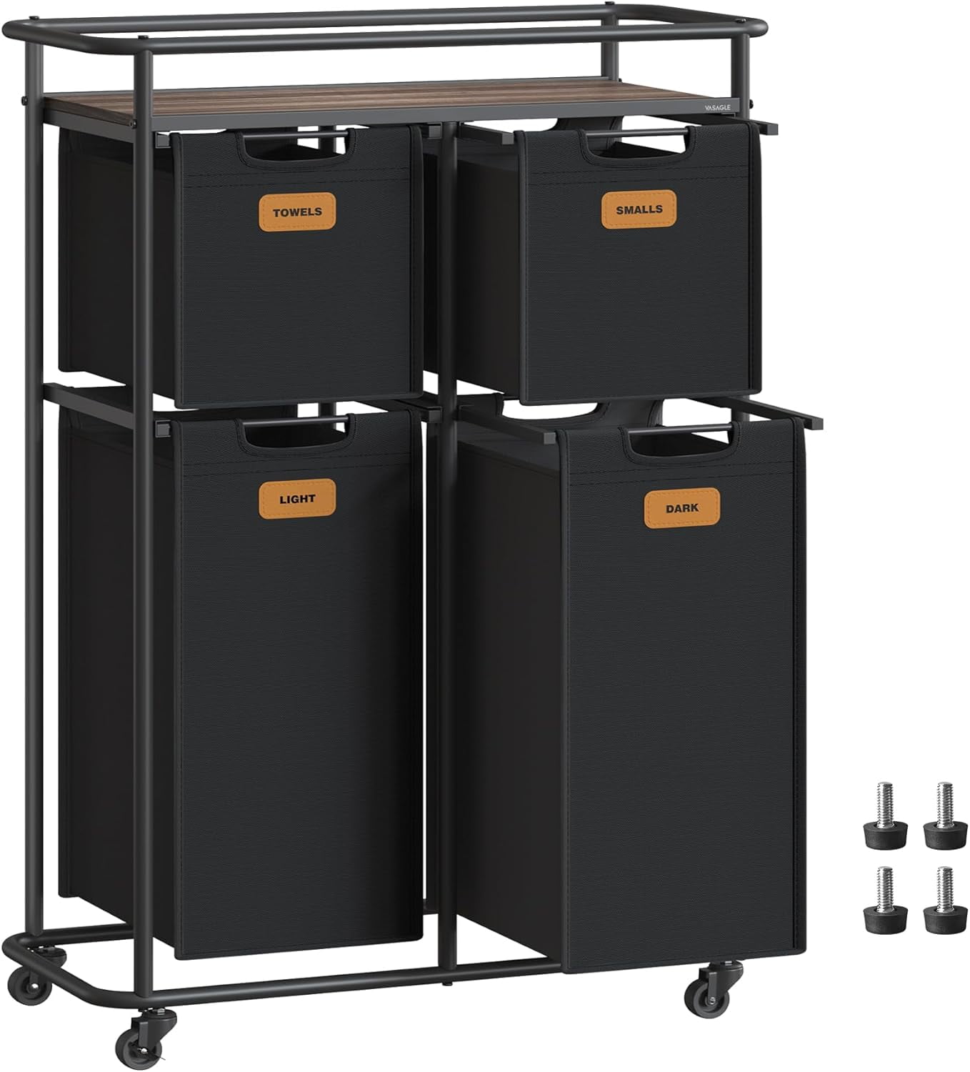 Laundry Sorter, Laundry Basket with Wheels, 39.6 Gal. Rolling Laundry Hamper, Portable Laundry Cart 4 Removable Liners and 6 Labels, Ink Black and Chestnut Brown
