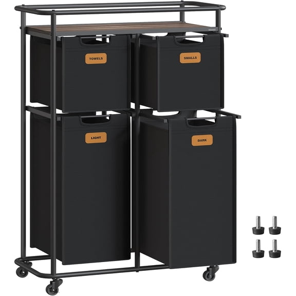 Laundry Sorter, Laundry Basket with Wheels, 39.6 Gal. Rolling Laundry Hamper, Portable Laundry Cart 4 Removable Liners and 6 Labels, Ink Black and Chestnut Brown