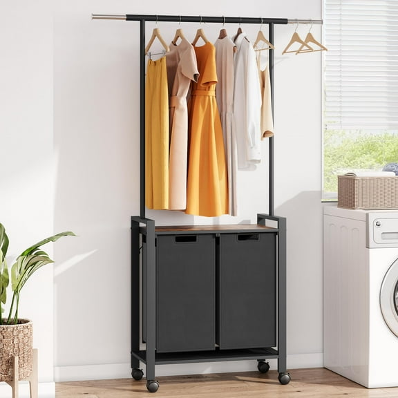 Laundry Sorter, Laundry Hamper 3 Section with Hanging Rack, Rolling Laundry Cart on Wheels, Pull-Out and Removable Laundry Basket with Shelf, Rustic Brown and Black