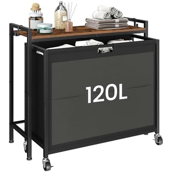 Laundry Sorter, Laundry Hamper with Storage Shelf, Mobile 2-in-1 Basket Organizer, 120 L Rolling Hamper, Large Bags and Movable Wheels, Metal Frame, Rustic Brown and Black TXY01BF