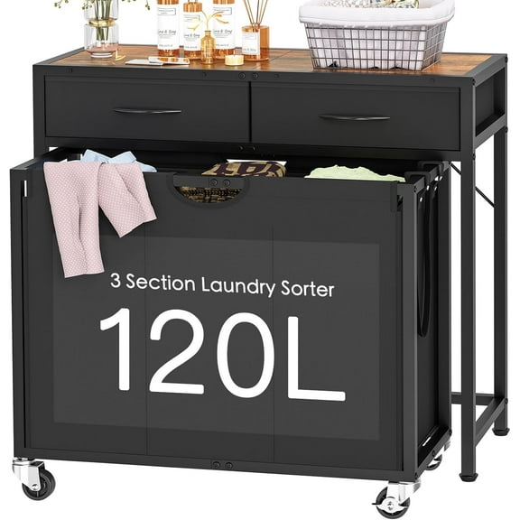 Laundry Sorter, Rolling Hamper with 3 Section Pull-Out Bags, Basket Organizer 2 Drawers & 2-Tone Top Panel, Wheels for Room Organization, Bathroom